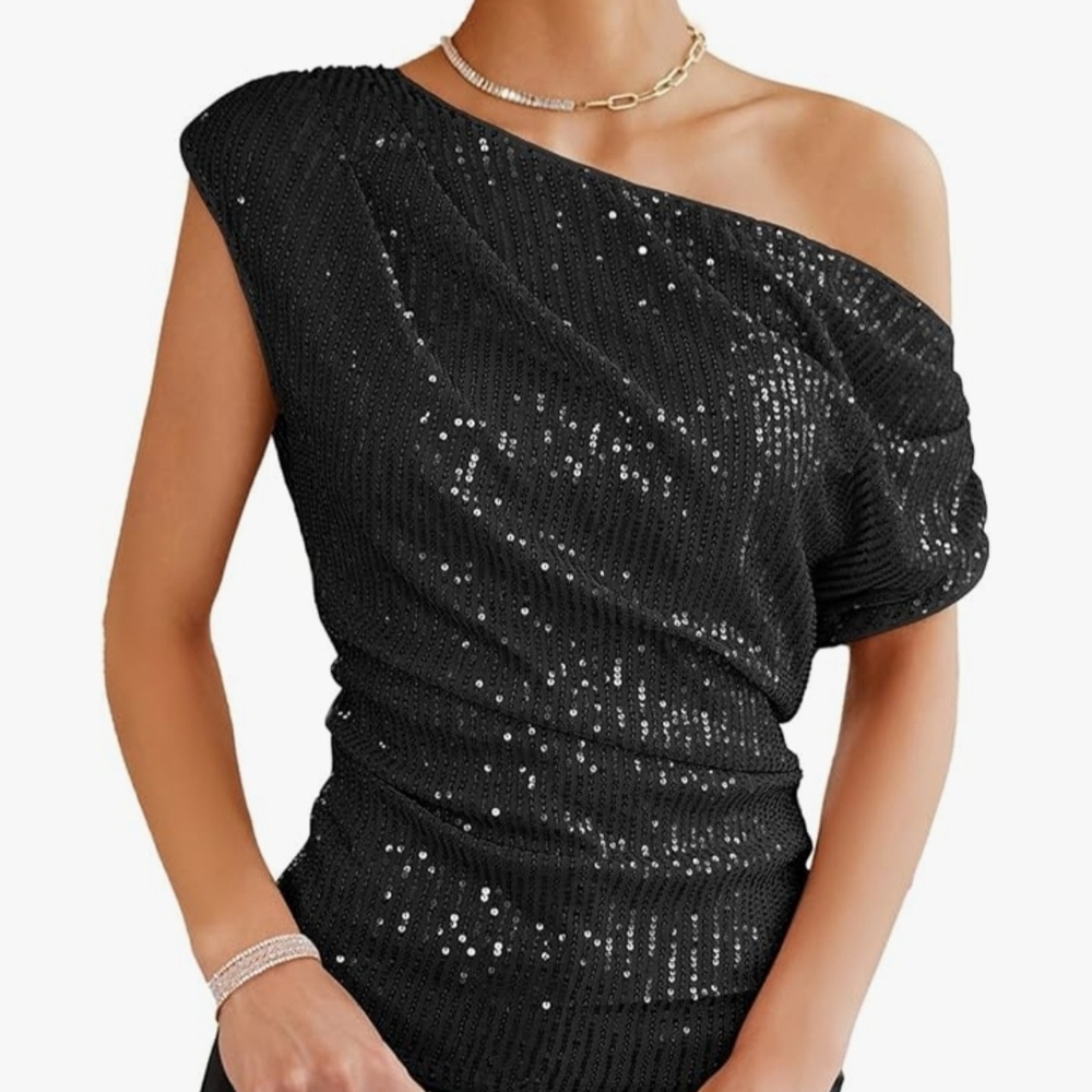 Grace Karin Black Sequin Top One Shoulder NEW